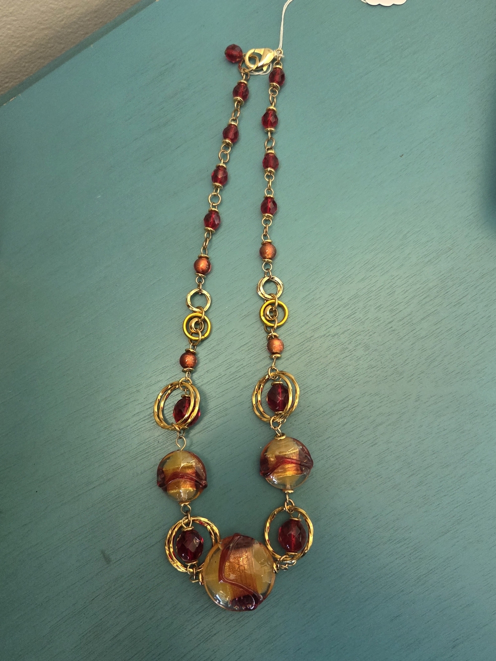 Women’s Gold-Tone Necklace with Red and Amber Glass Beads